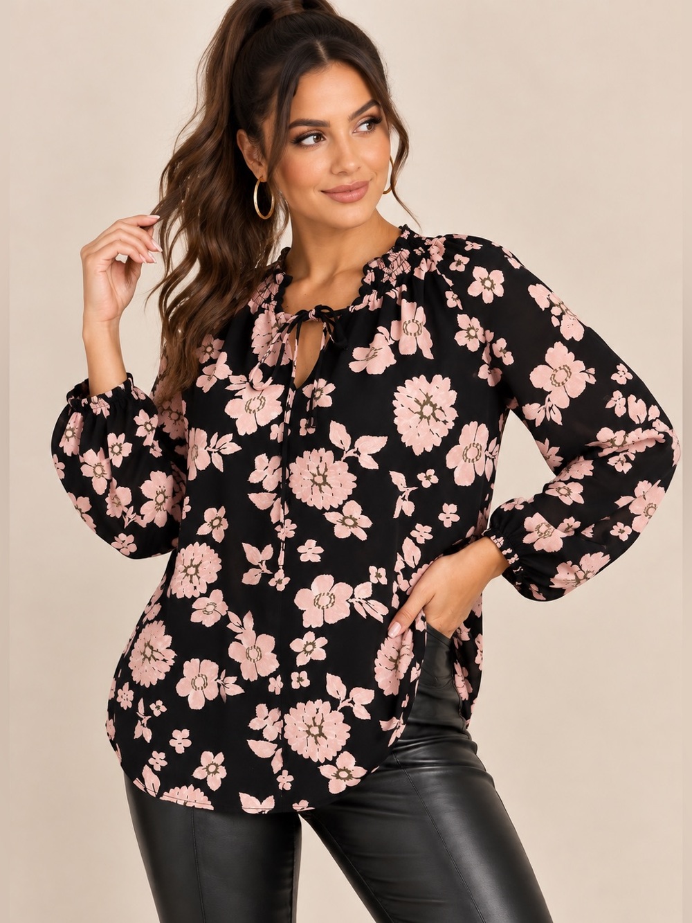 Black Blouse with Pink Floral Tie-Neck